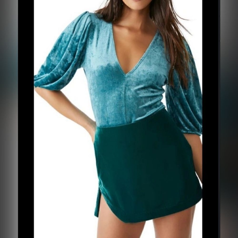 Free People 'Don't You Wish' Velvet Bodysuit, Deep Teal | M